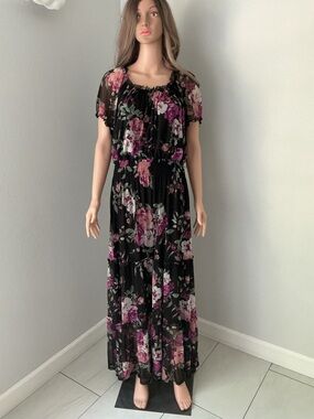Kate and lily Elegant Black Maxi Dress with Pink & Purple Floral Print